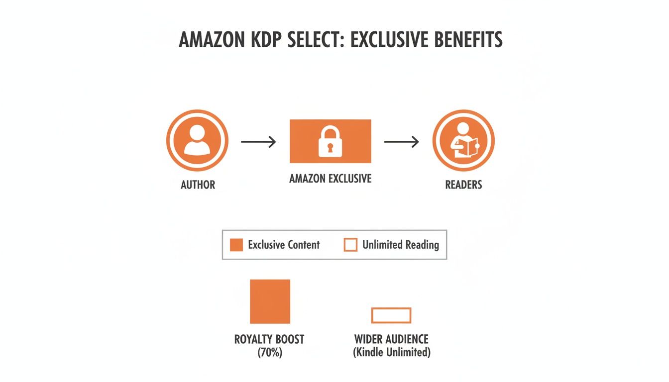 Diagram showing Amazon KDP Select exclusive benefits for authors: royalty boost and wider audience via Kindle Unlimited.