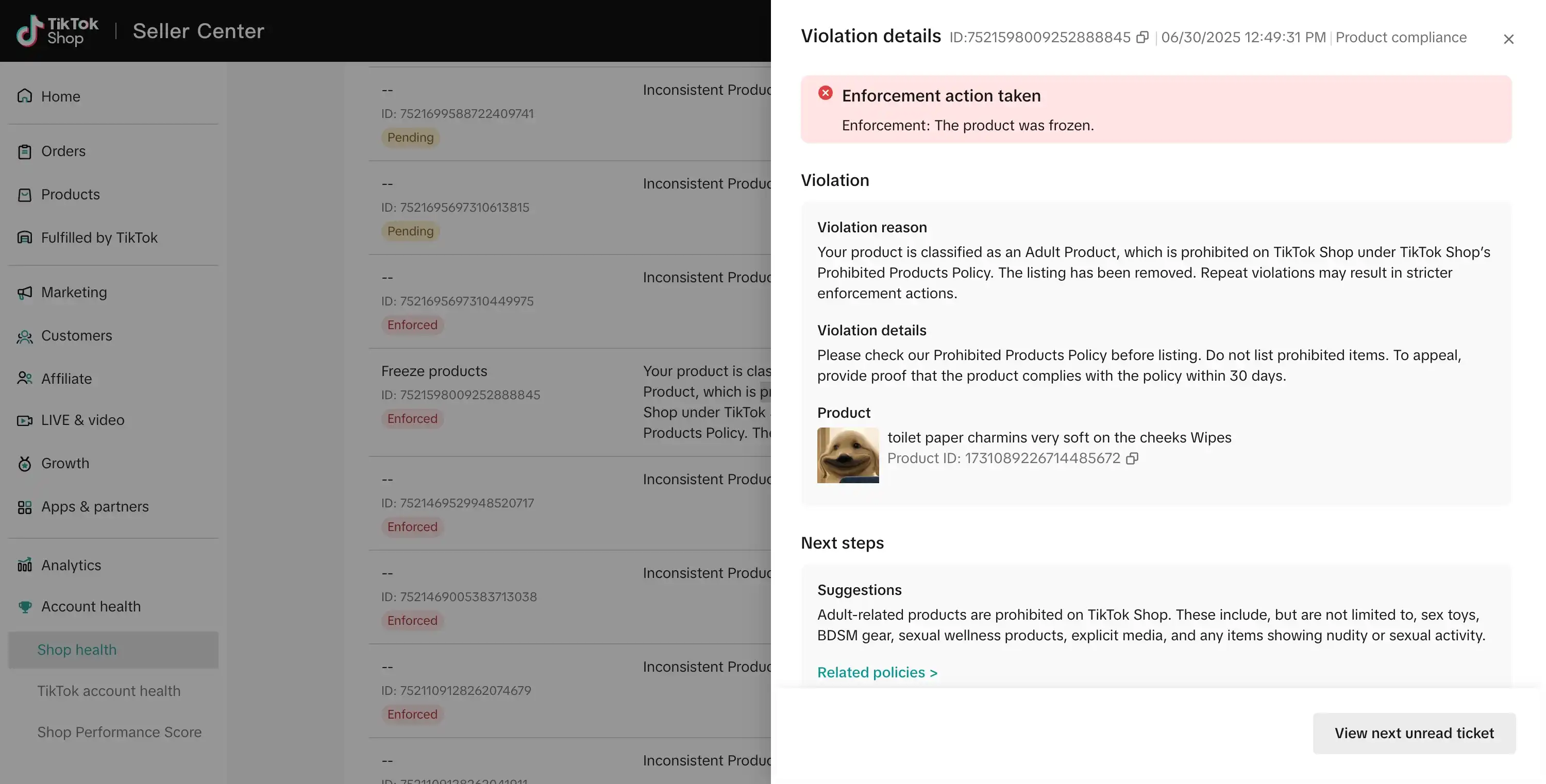 Screenshot of TikTok Shop Seller Center showing a product violation for a "prohibited adult product," with the listing frozen.