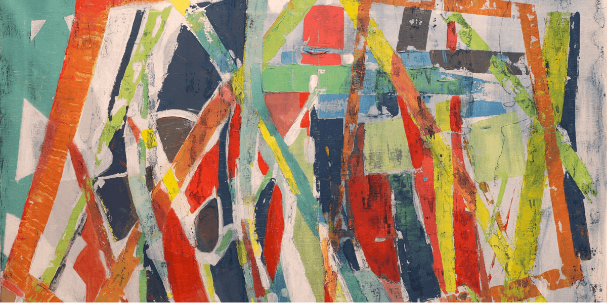 Abstract painting by Hans Jørgen Henriksen, blending geometric structures and organic movement, reflecting hydrological systems and environments.