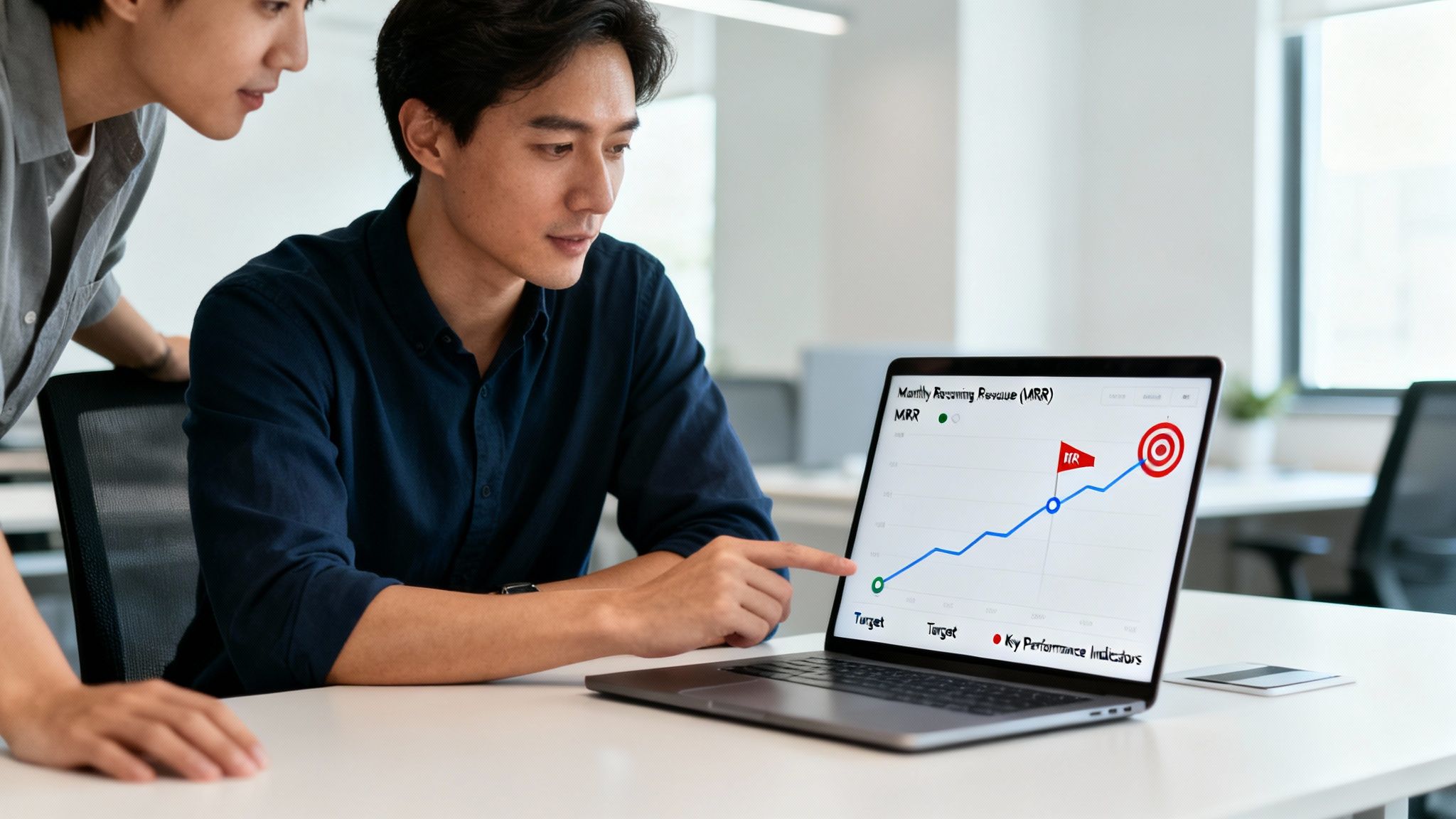 Two men in an office reviewing a laptop with a graph showing monthly recurring revenue and targets.