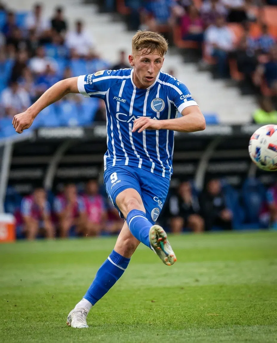 Santino Andino in action on the field wearing the Godoy Cruz kit.
