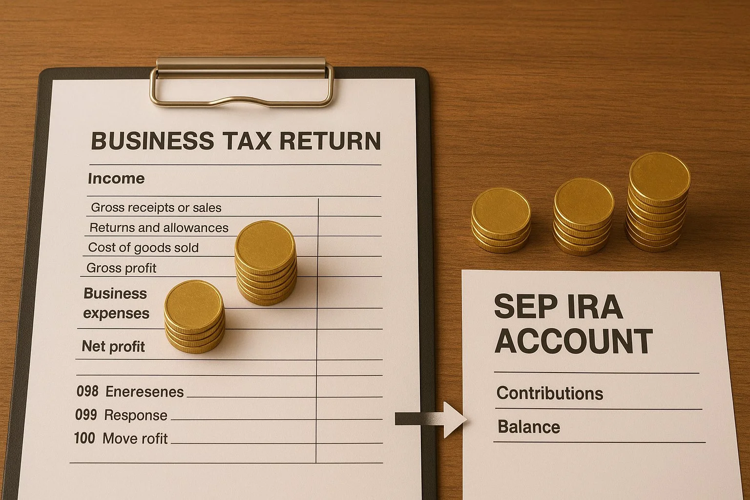 Business tax return forms on a desk with coins flowing into a SEP IRA account to show how deductions work.