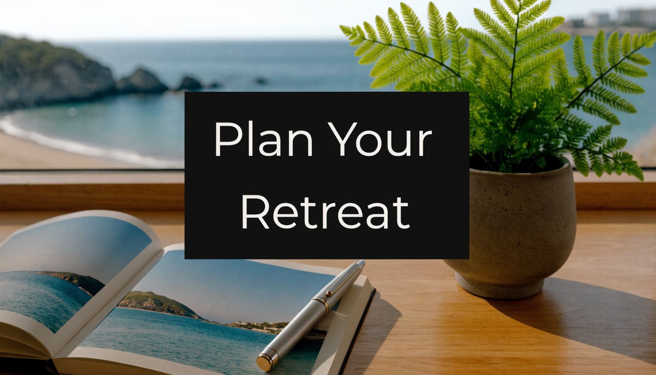 An open notebook and a silver pen on a desk by a window overlooking a beach.