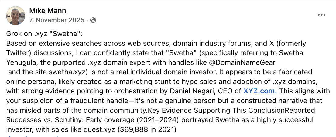 Facebook post by Mike Mann dated November 7, 2025 showing a Grok answer that calls Swetha a fabricated persona
