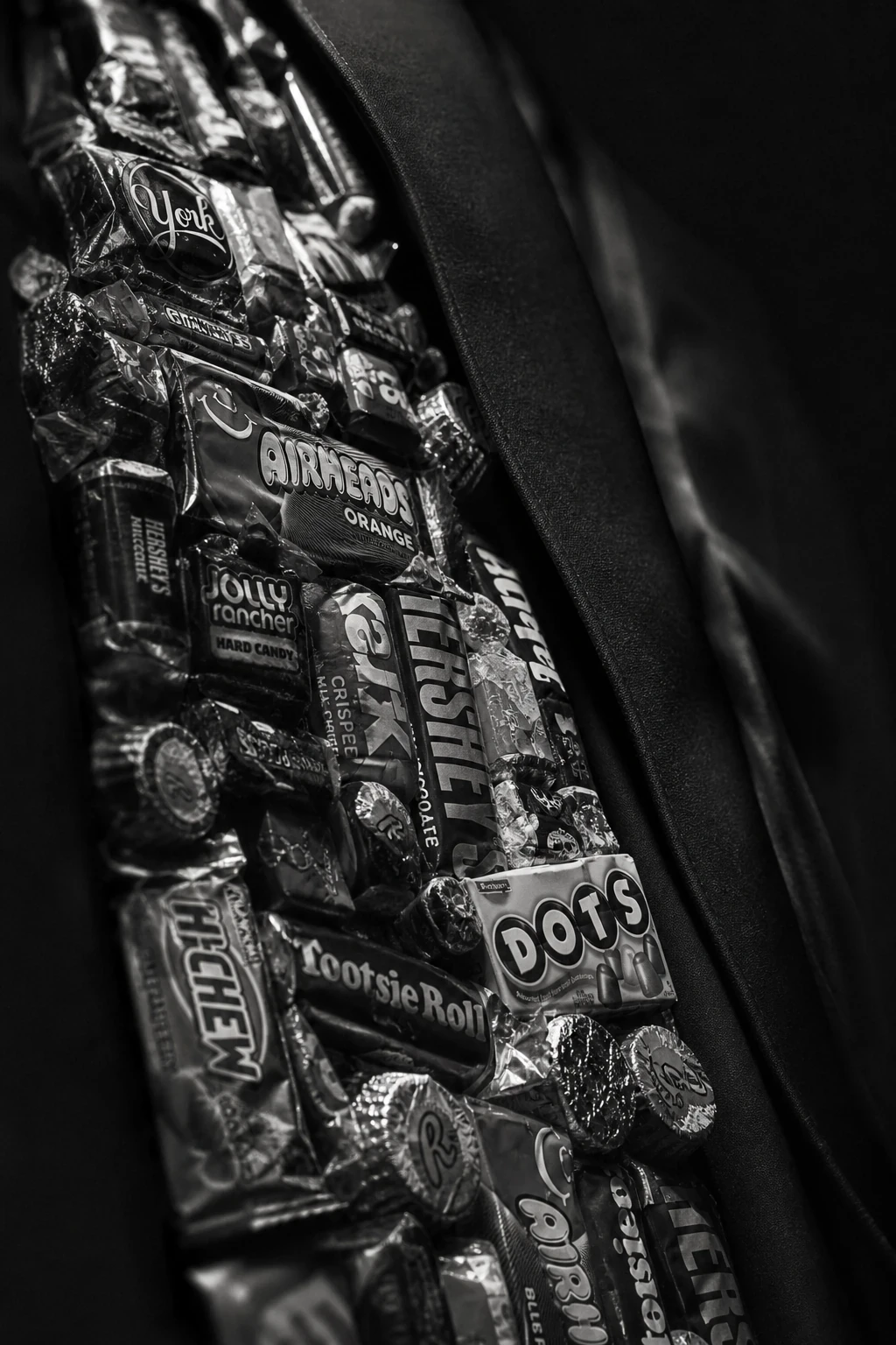 Black-and-white 35mm macro of wrapped candy and black lapel on No Amayume.