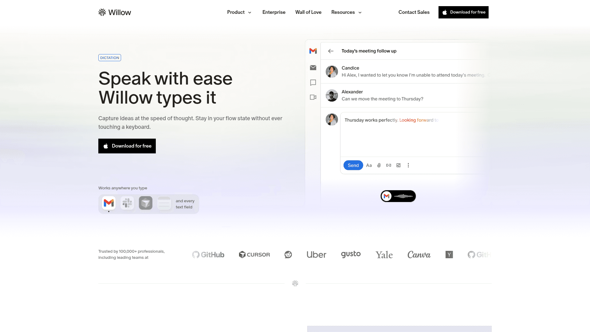 Screenshot of https://willowvoice.com/features/dictation