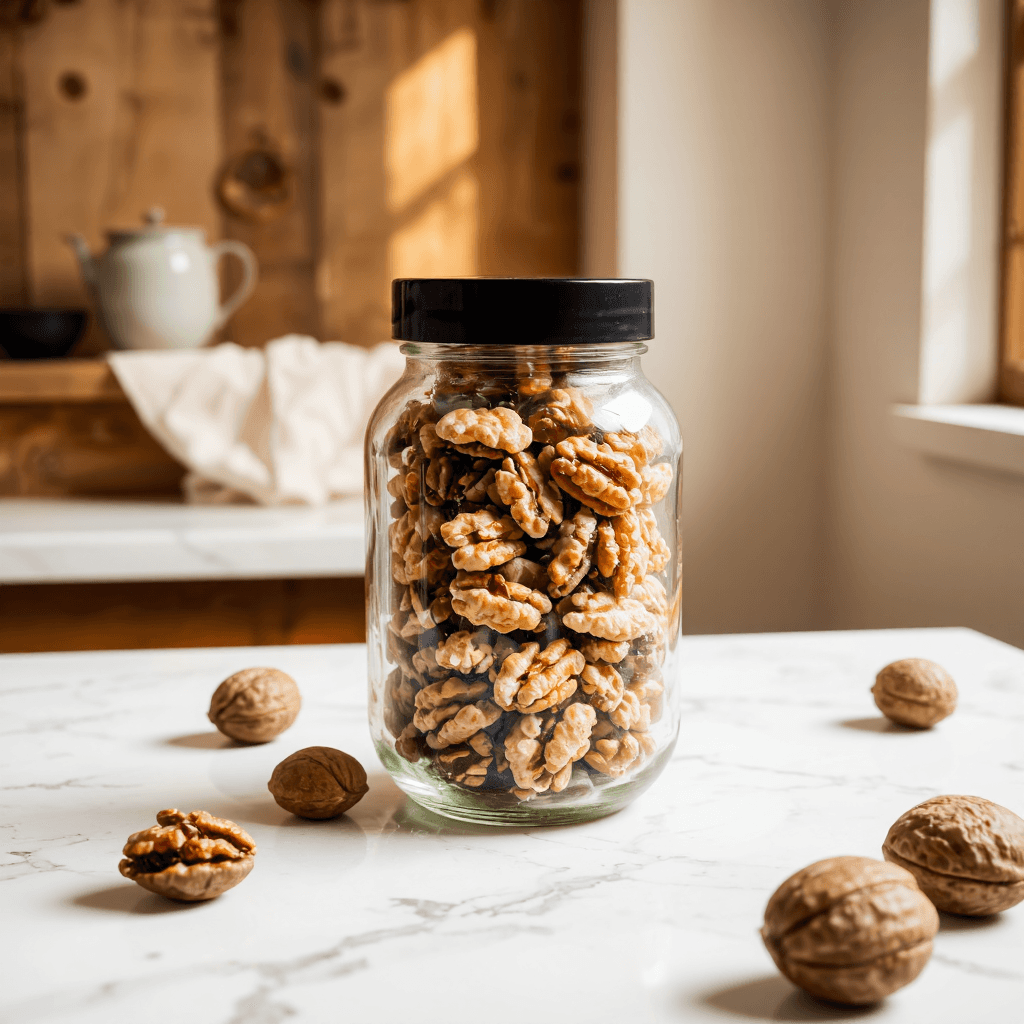 product photography of a jar of walnuts, used as a snack or ingredient