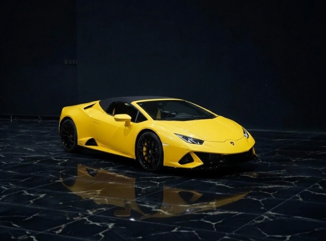 Lamborghini Huracán Spyder yellow exterior – luxury supercar rental in Dubai