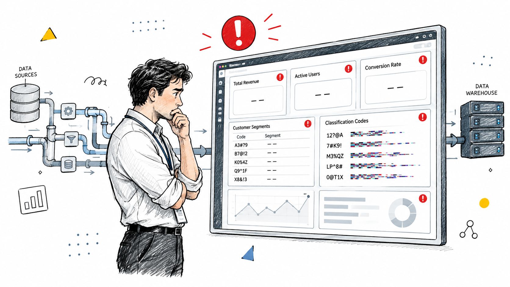 A professional analyzing a data dashboard showing missing information, errors, and inconsistencies in an information pipeline.