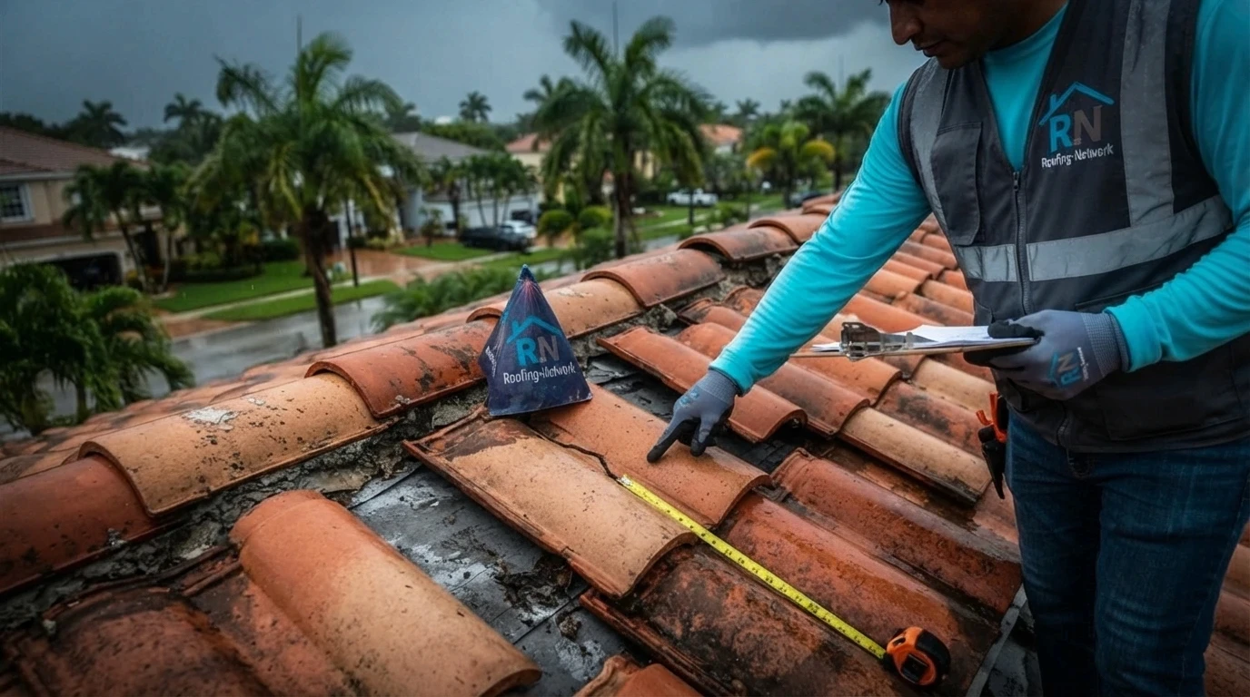 Wind-lifted shingles and cracked tile after a storm on a Coral Springs home