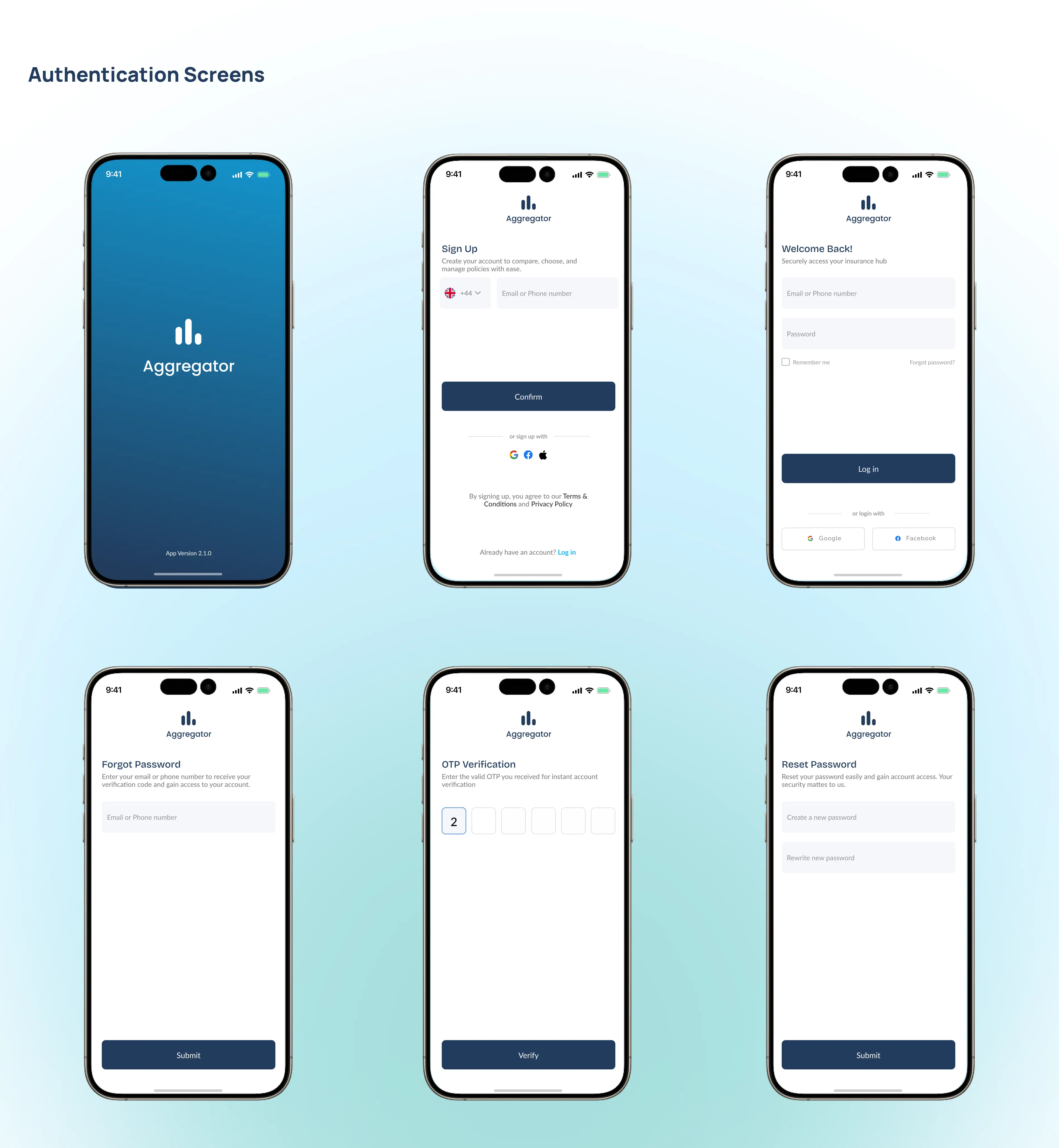 Authentication screens displaying Aggegator's user flow for signups, login, forgot password etc.