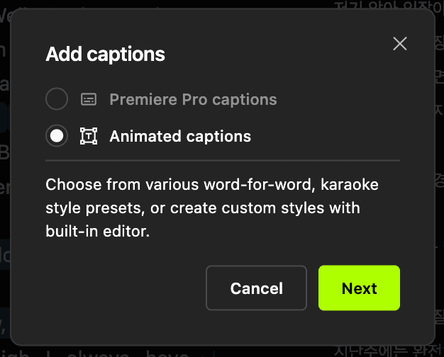 Screenshot of type of captions in Cutback