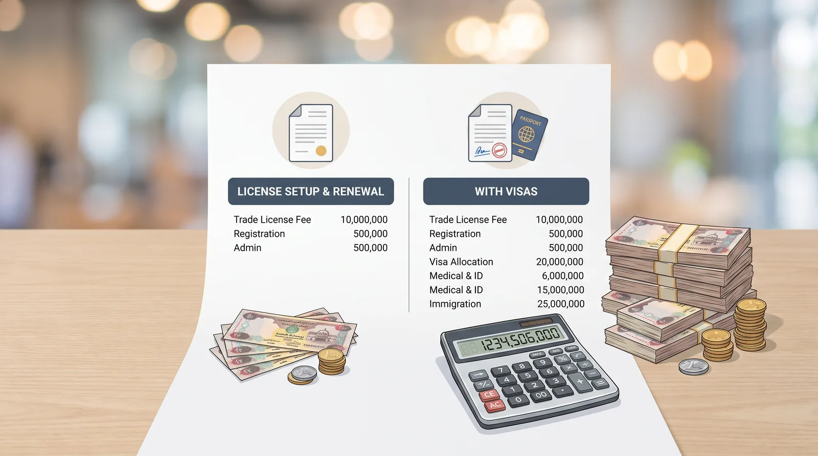 Dubai license cost with and without visa allocation fee comparison