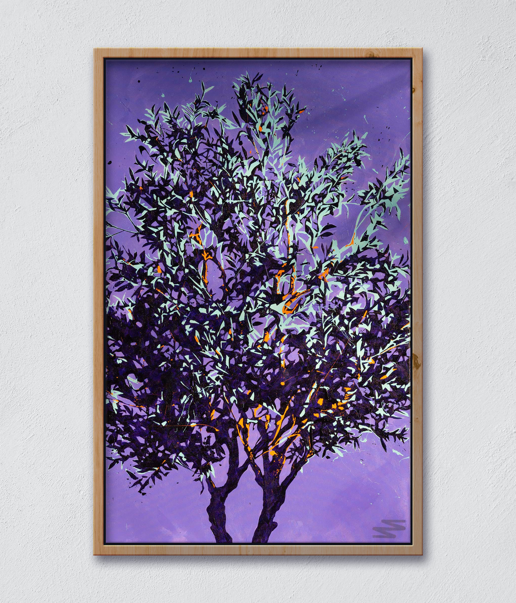 Colorful painting of an olive tree with a lively background