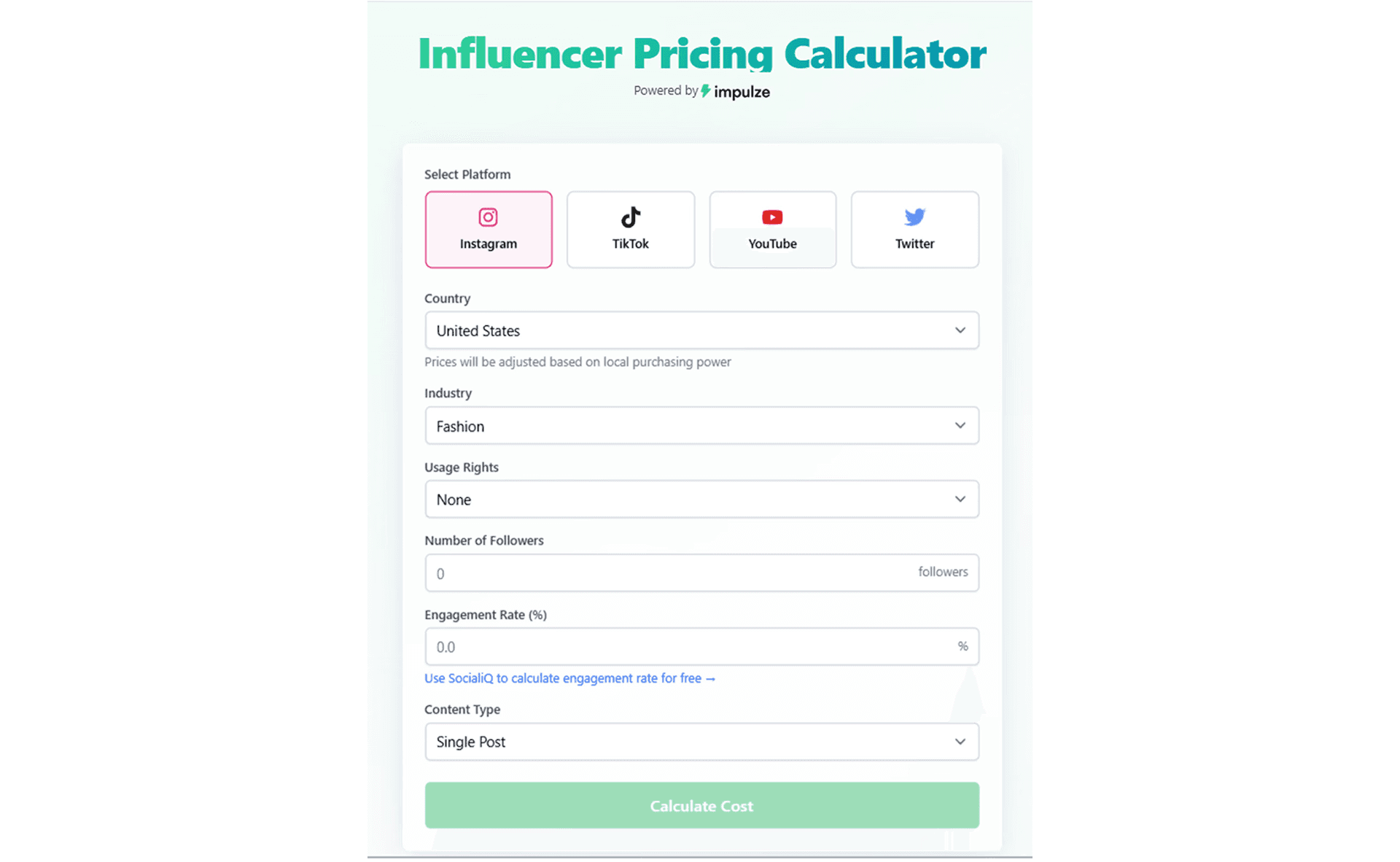 Influencer pricing calculator by impulze. Use it to calculate how much influencers charge.