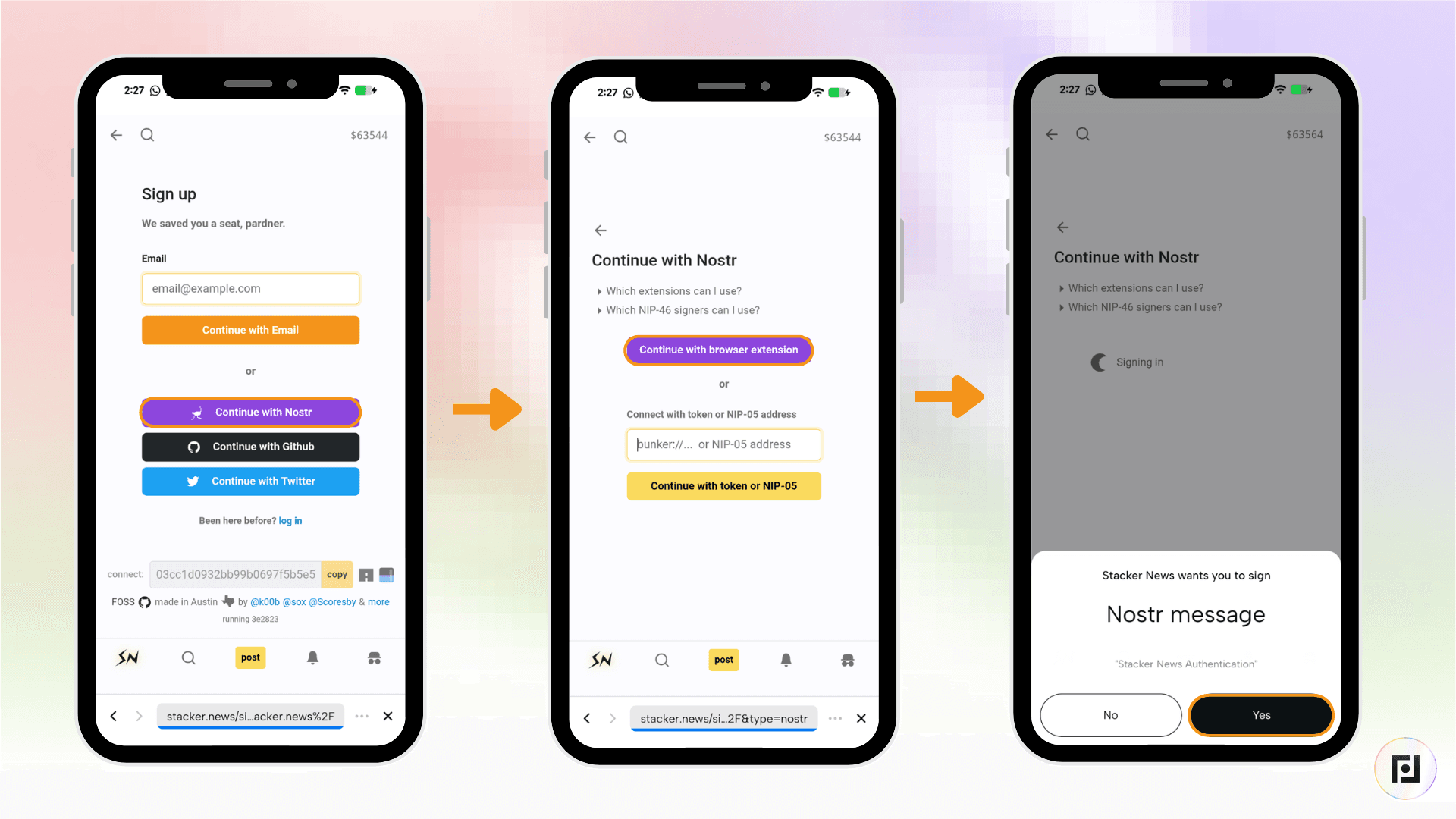 Stacker News sign-up screens on Fedi showing options to continue with Nostr, browser extension, or NIP-05 address for account creation