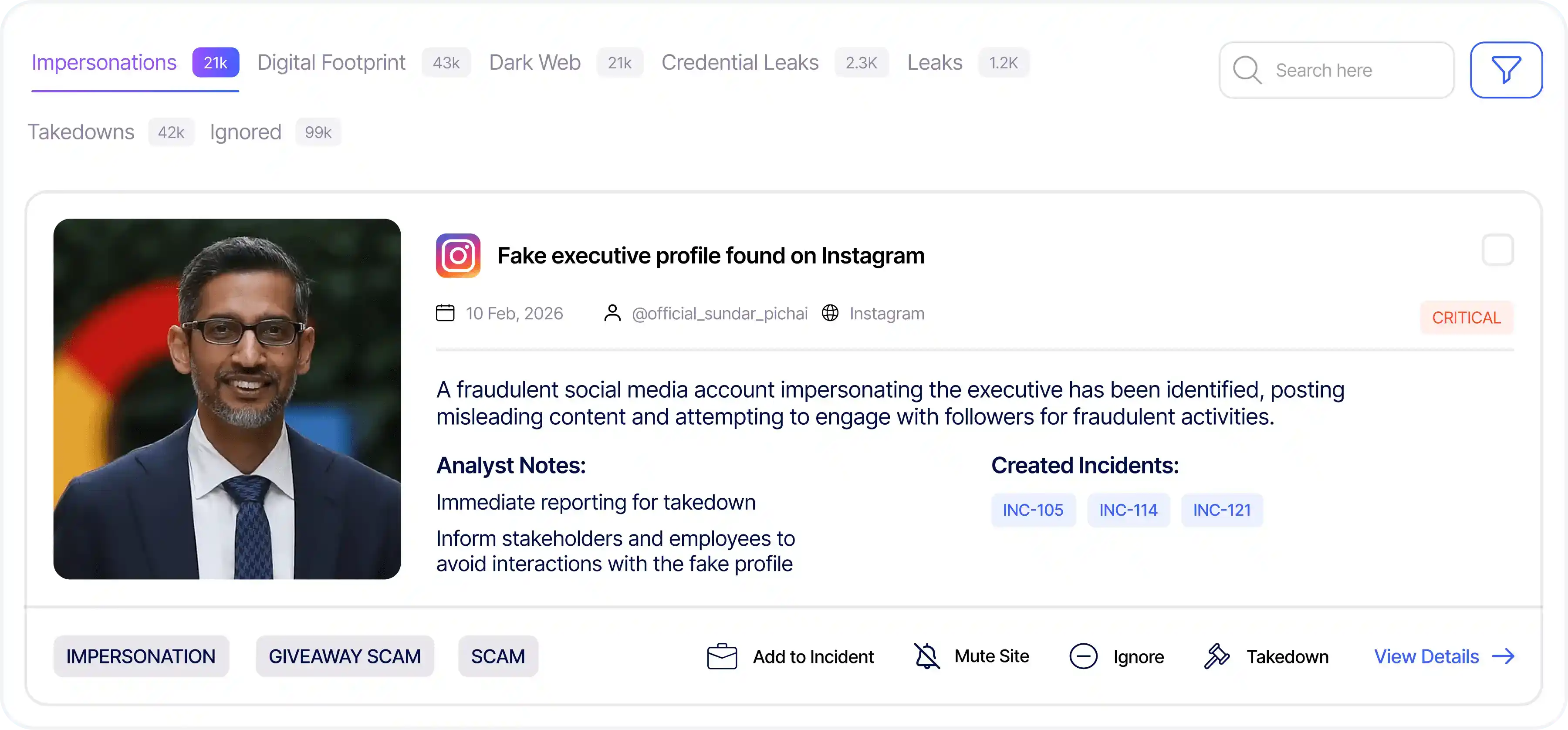 RiskProfiler detecting fake executive profile on Instagram flagged as critical