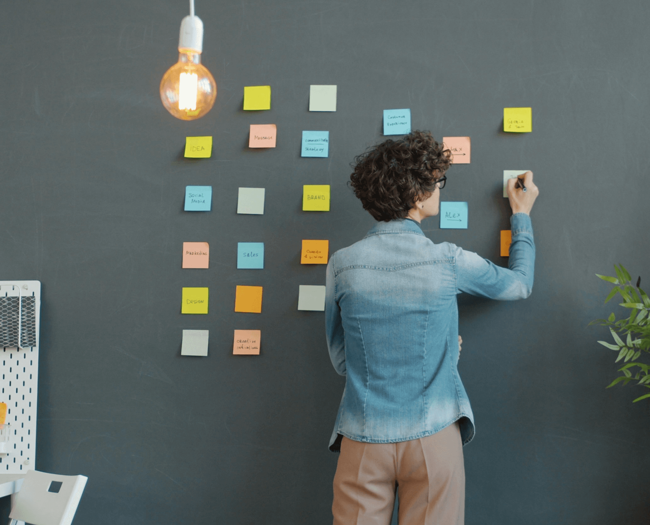 Person at blackboard working on writing on post-it notes displayed on board in grid