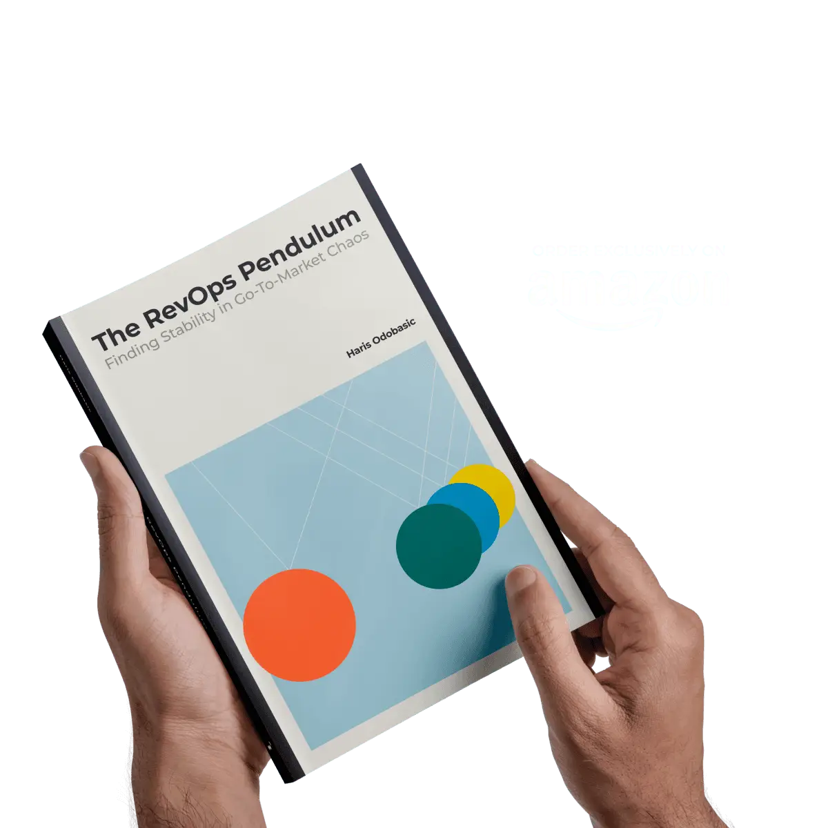 A person holding the book "The RevOps Pendulum" by Haris Odobasic, available on Amazon, focused on GTM stability.
