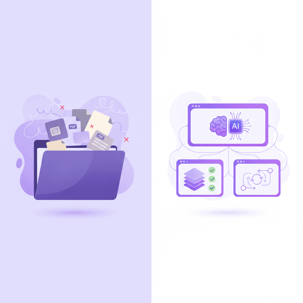 Comparison of disorganized files versus a structured digital note-taking workspace for students.