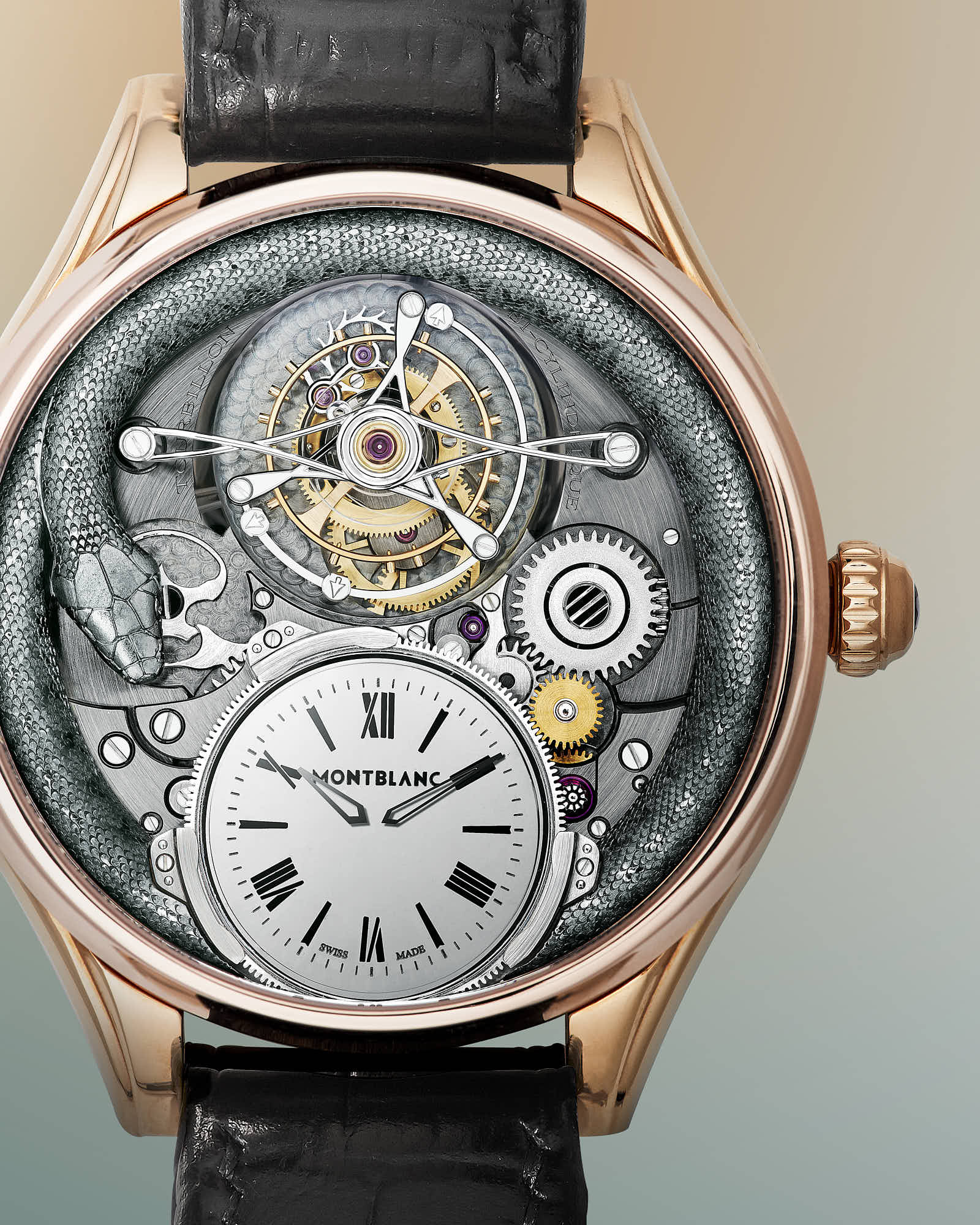 Luxury wristwatch with intricate mechanical details, black leather strap, and elegant rose gold case.