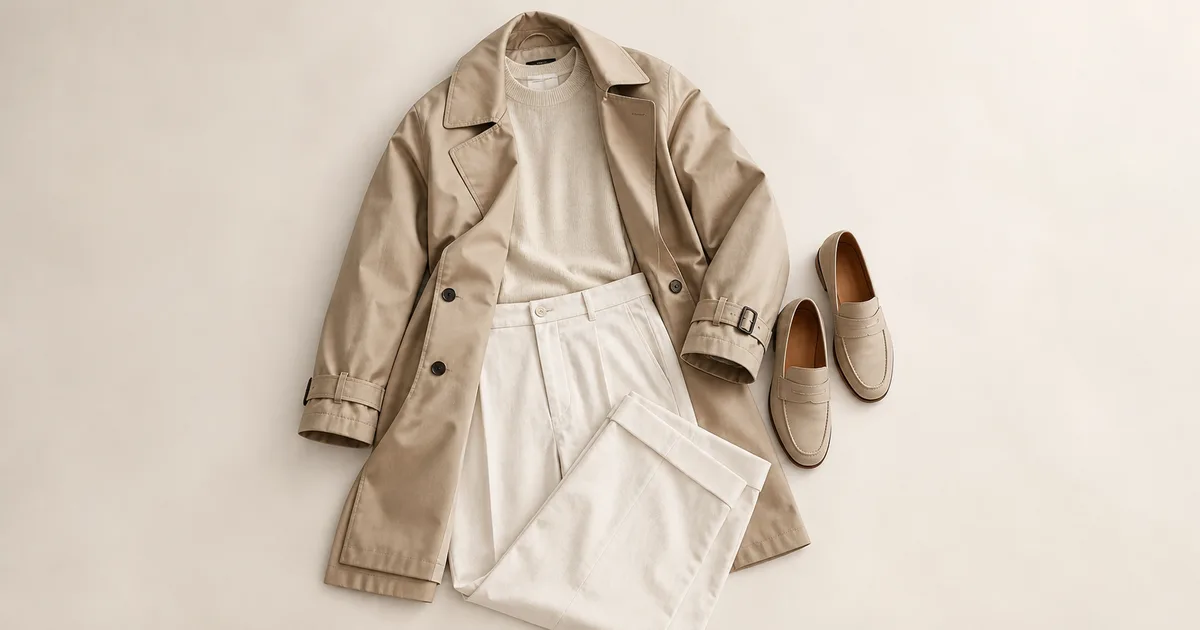 Hero garment beside a phone showing a matching outfit for travel capsule wardrobe on a warm ivory background