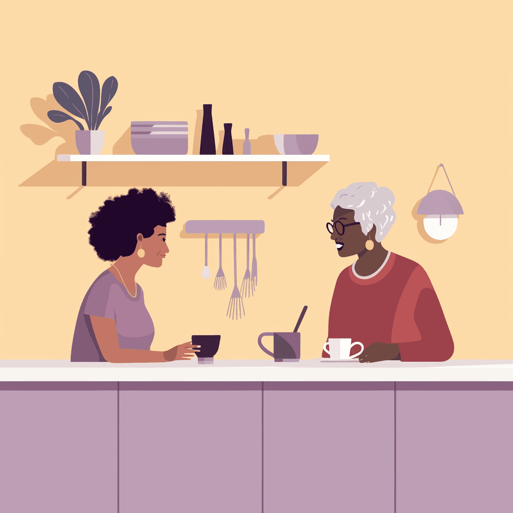 Two female individuals at a kitchen counter, enjoying a cup of coffee.