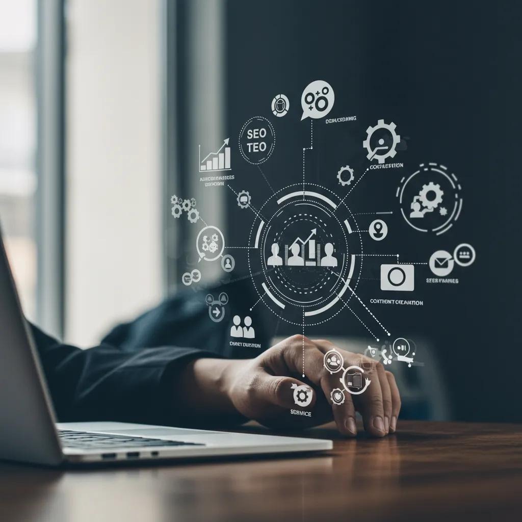 Visual breakdown of essential digital marketing services including SEO, content creation, and social media marketing