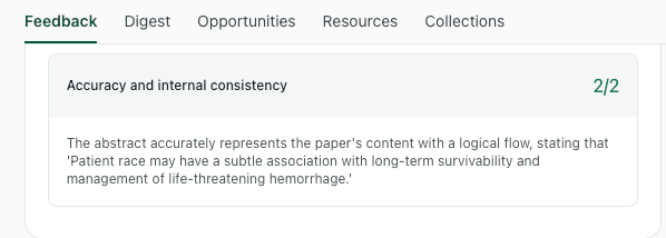 Screenshot of thesify auditing a medical research abstract for accuracy and logical flow between results and management claims.