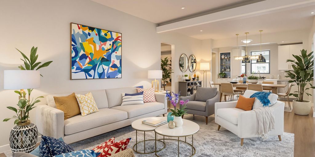 Modern staged living room with inviting decor and lighting.