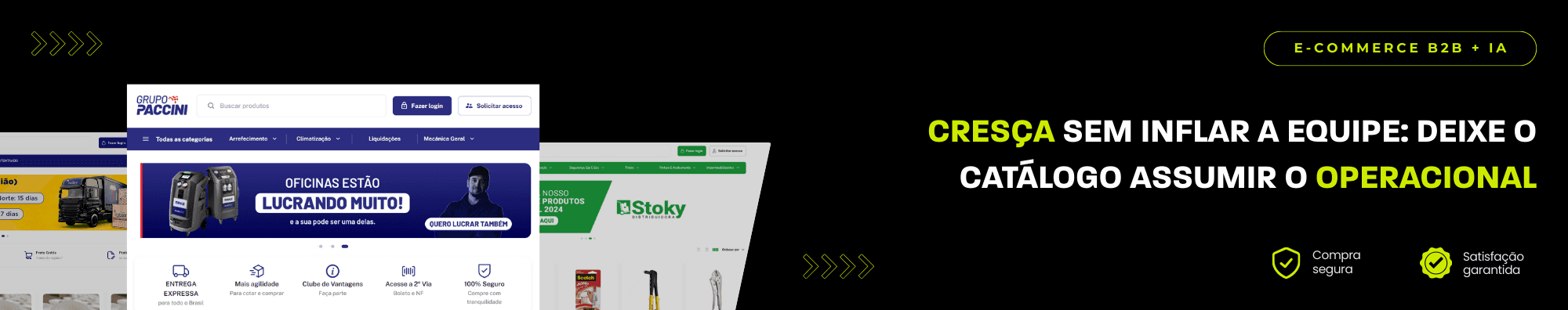 Banner horizontal com fundo escuro, ícones de segurança e satisfação, e imagens de lojas B2B exibidas à esquerda. Elementos gráficos em verde destacam o tema de e-commerce B2B com IA.