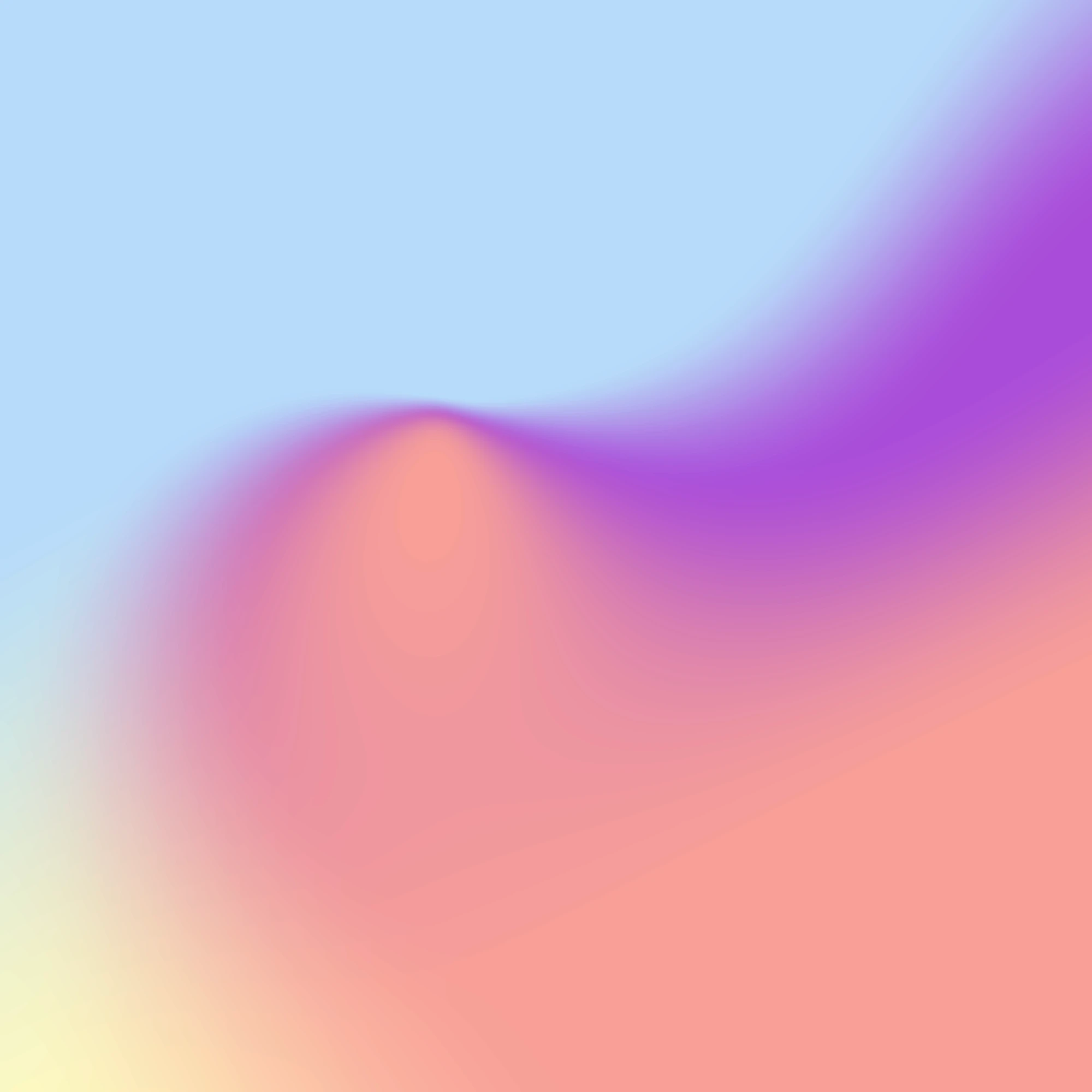 Abstract fluid mesh gradient with soft pastel shades of sky blue, vibrant purple, peach, and pale yellow.