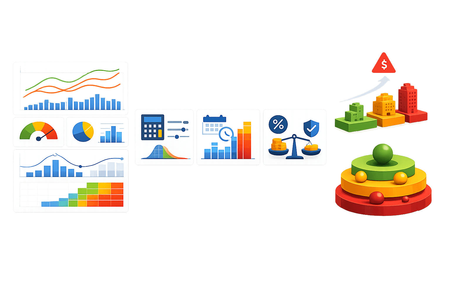 Ilustrasi financial performance & risk analytics pipeline. Visual menampilkan rangkaian dashboard analitik (grafik tren, gauge risiko, pie chart, histogram, dan heatmap) yang mengalir ke modul perhitungan dan penjadwalan, analisis kinerja periodik, serta penilaian risiko dan kepatuhan (ikon timbangan dan persen). Di sisi kanan terlihat representasi pertumbuhan nilai dan struktur risiko berlapis dengan indikator warna hijau–kuning–merah. Menggambarkan proses analisis data keuangan end‑to‑end untuk pengambilan keputusan berbasis data.