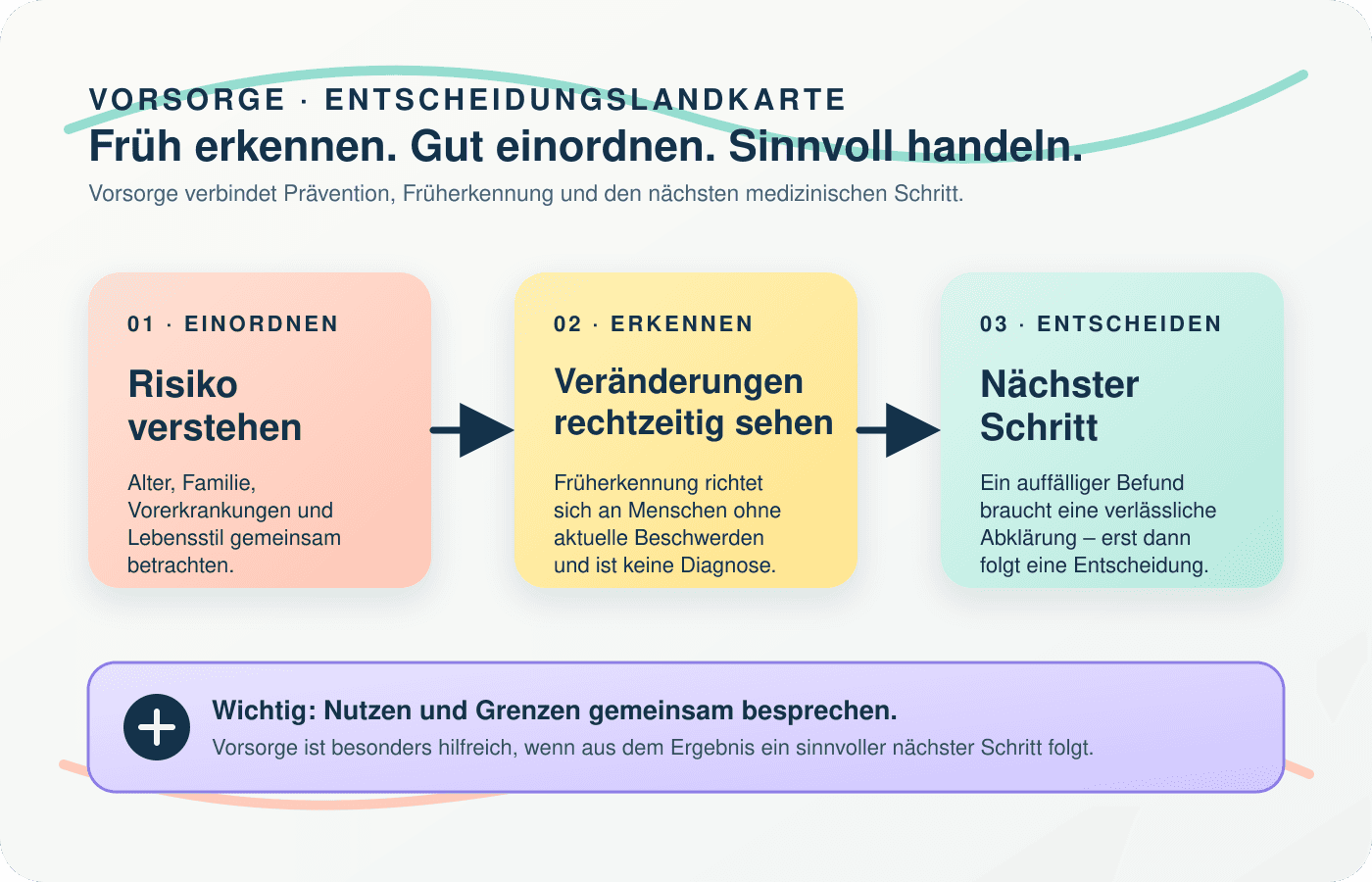 Vorsorge als Entscheidungslandkarte: Risiko einordnen, Veränderungen rechtzeitig erkennen und den nächsten medizinischen Schritt wählen.
