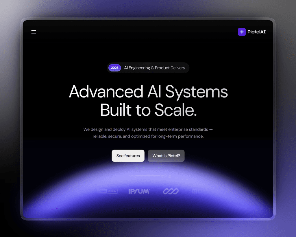 Homepage design featuring a black background with a violet semi-sphere graphic.