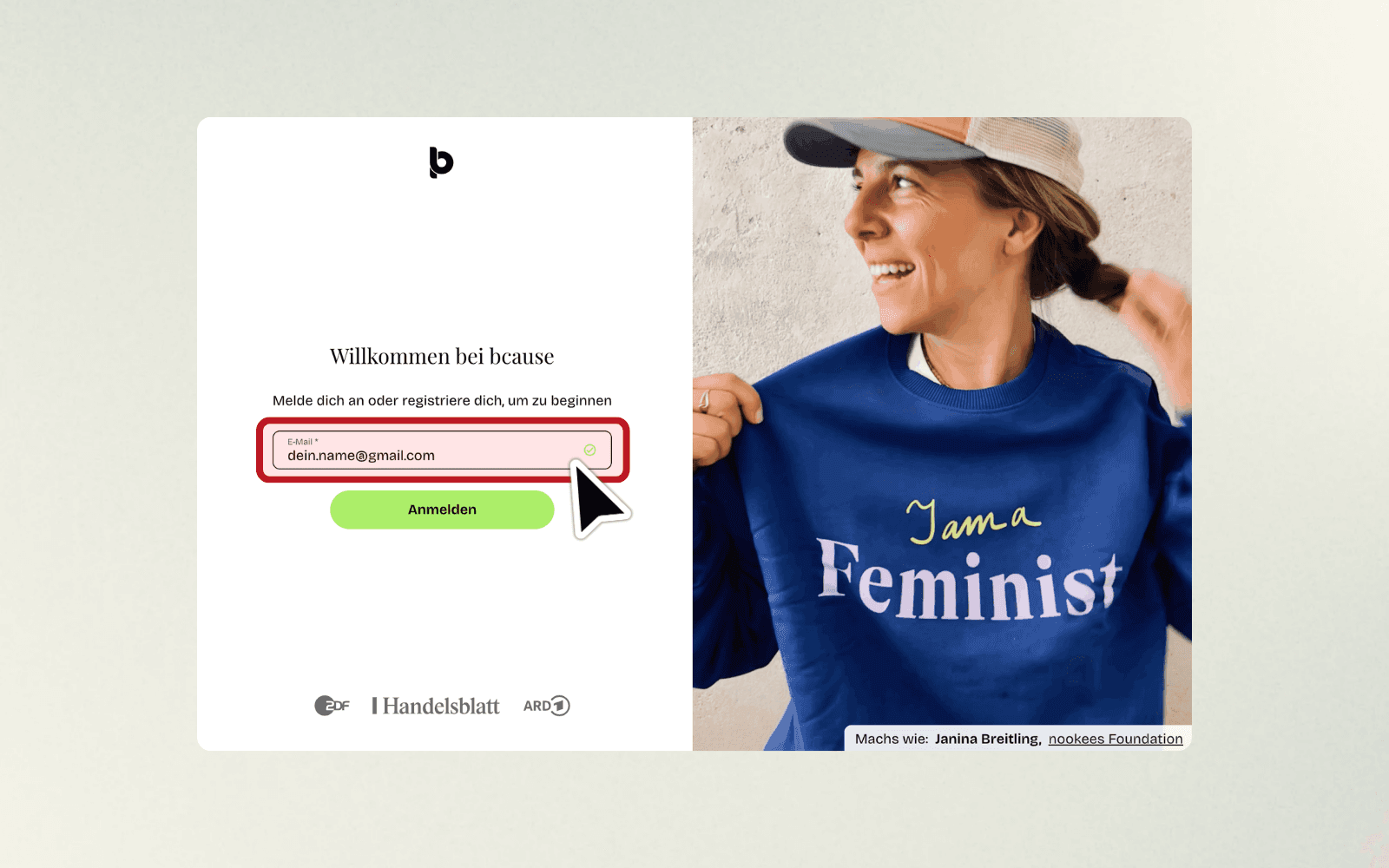 Registrierungsformular mit Eingabefeld ‚E-Mail' und grünem Button ‚Anmelden'