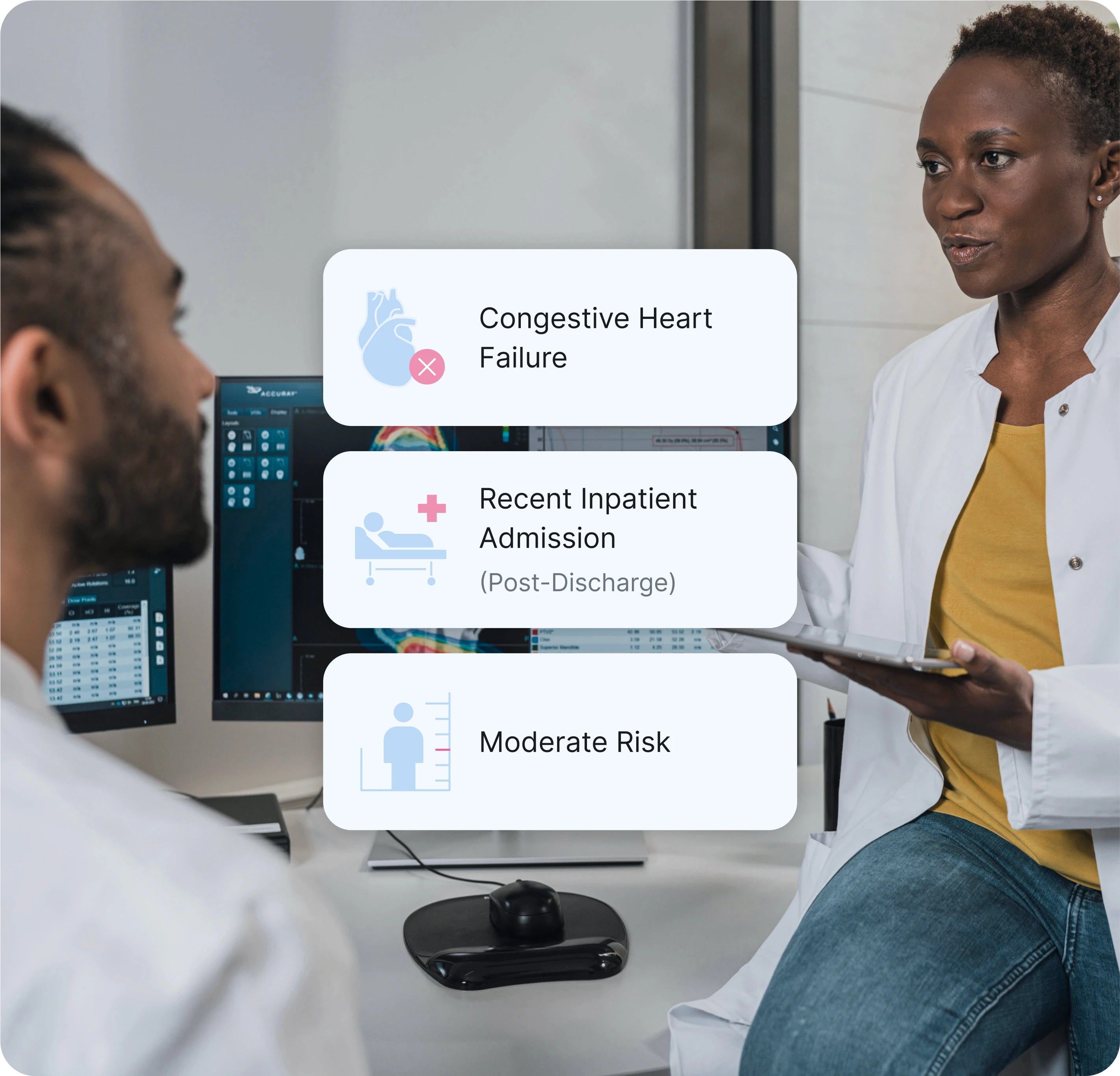 A healthcare setting featuring two medical professionals in conversation. The person on the right, wearing a white lab coat, is holding a tablet and appears to be discussing a patient's condition with the other professional, who is seated and listening attentively. Overlaid on the image are three key medical conditions relevant to the discussion:  Congestive Heart Failure: Represented with a heart icon. Recent Inpatient Admission (Post-Discharge): Displayed with an icon of a hospital bed. Moderate Risk: Illustrated with a person icon and a risk indicator. In the background, medical monitors display various data, indicating a clinical environment. The design emphasizes a clear, professional approach to discussing patient health conditions in a healthcare setting. The use of icons next to each condition provides quick visual identification, enhancing the communication between the professionals.