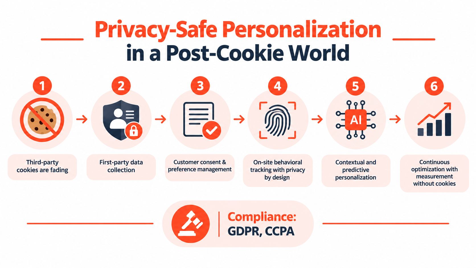 A six-step infographic illustrating privacy-safe personalization strategies in a post-cookie digital marketing environment.