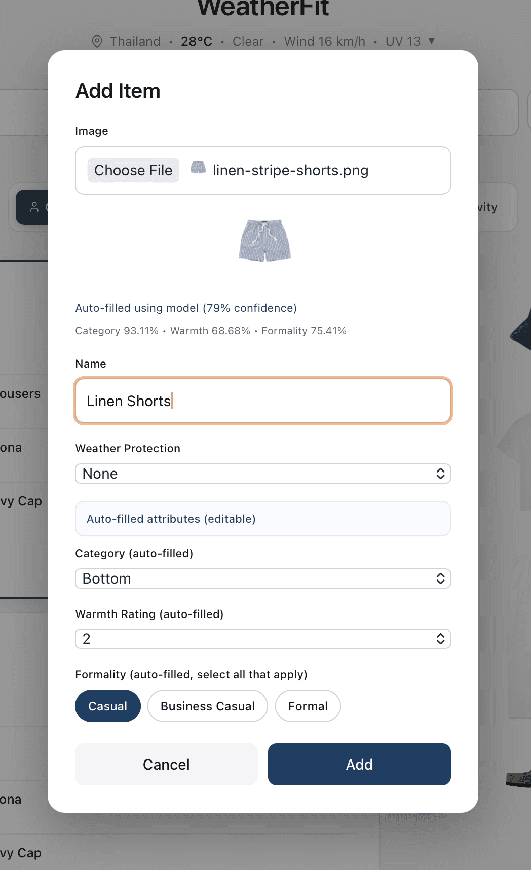 Adding an item: the model auto-fills attributes, all still editable
