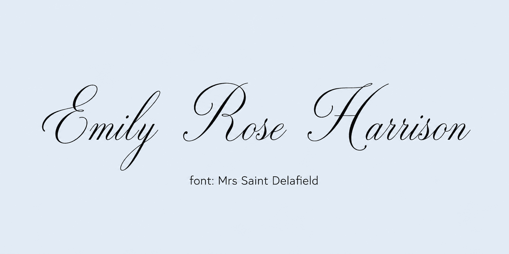 Sample name signed in a cursive signature font on a light background, with the font name labeled below.