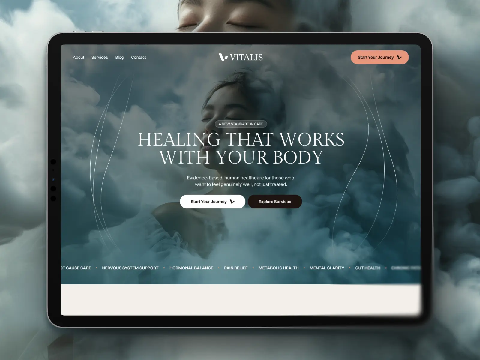 Healthcare Framer website template displayed on a tablet with a calming wellness-inspired hero section and premium medical branding.