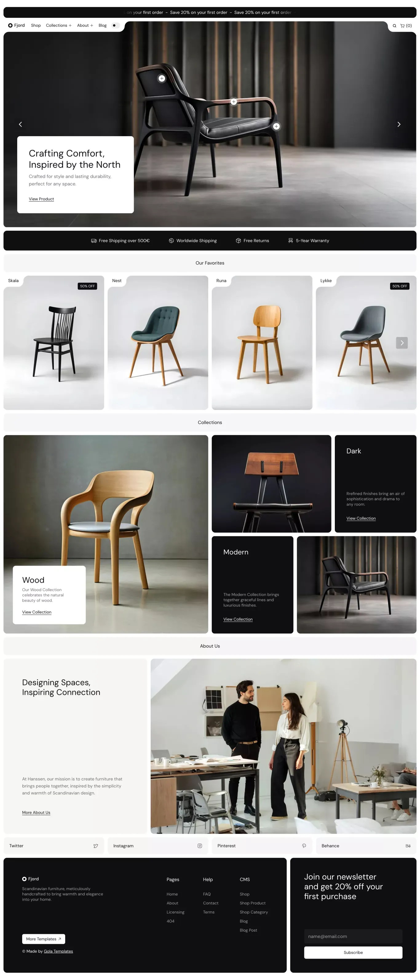 Fjord - E-Commerce Framer Template portfolio page screenshot showcasing Design and Furniture & Interiors design