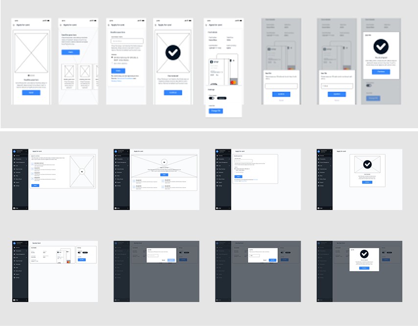 Collection of low-fidelity wireframes for web, mobile web, and native mobile, illustrating key financial flows such as sign-up, payouts, and transfers.