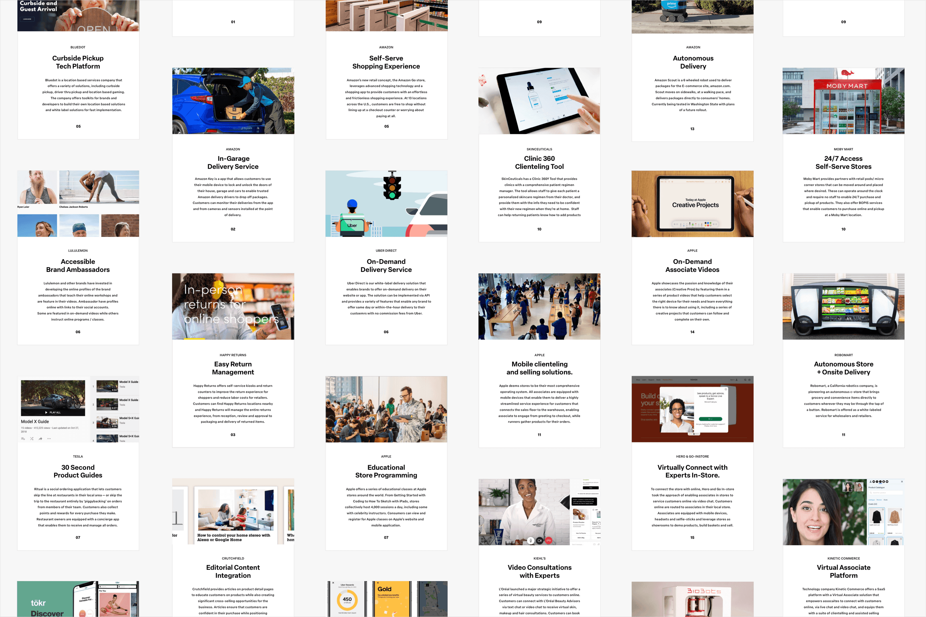 Visual of available features and solutions. Includes On-Demand Associate Videos, Easy Return Management, Self-Serve Shopping Experience