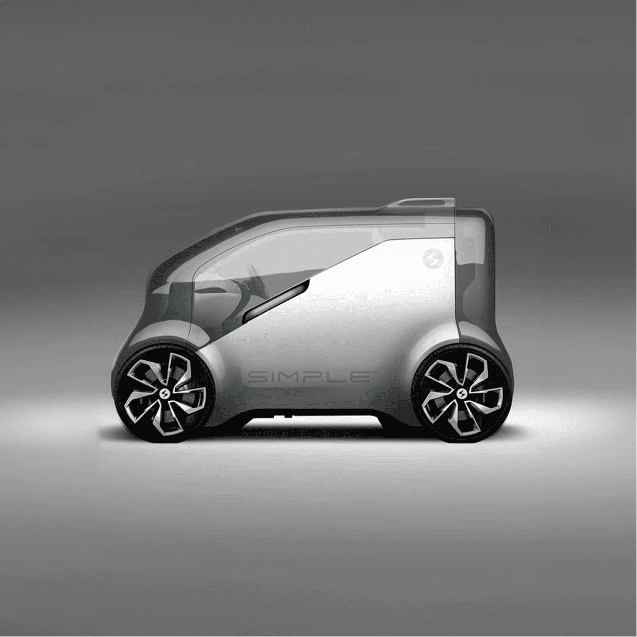 Side view of Simple Energy’s electric vehicle concept with logo and aerodynamic silhouette