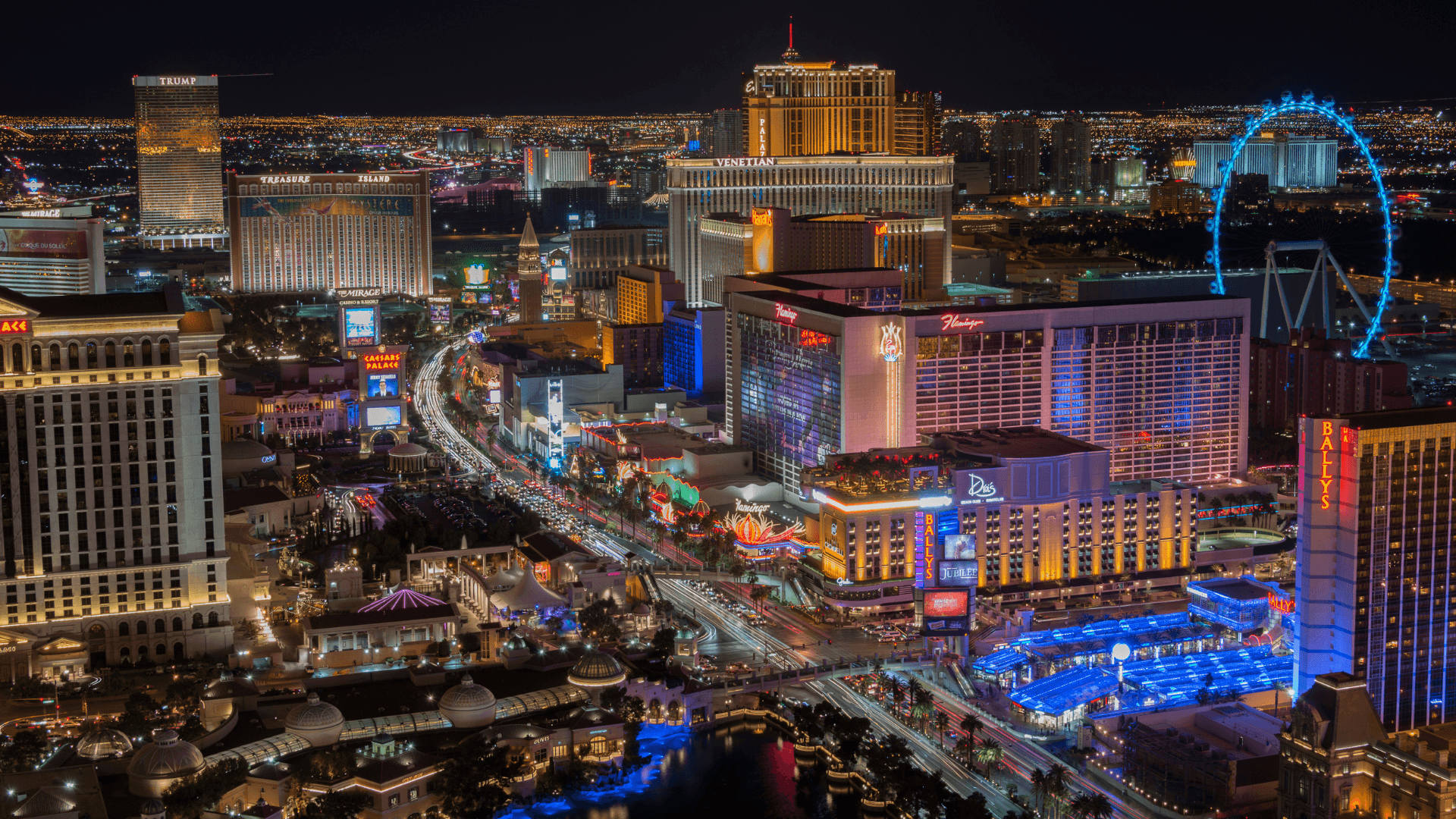 Views of the illuminated Las Vegas Strip from above.