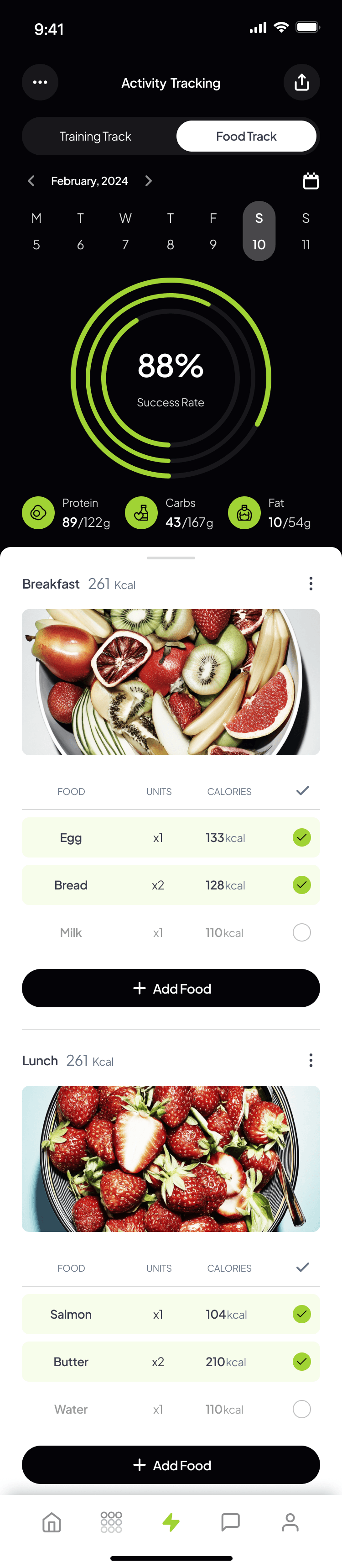 Mobile app screen displaying food tracking dashboard with an 88% success rate, daily macronutrient intake breakdown, and breakfast entry showing a bowl of fresh fruits.