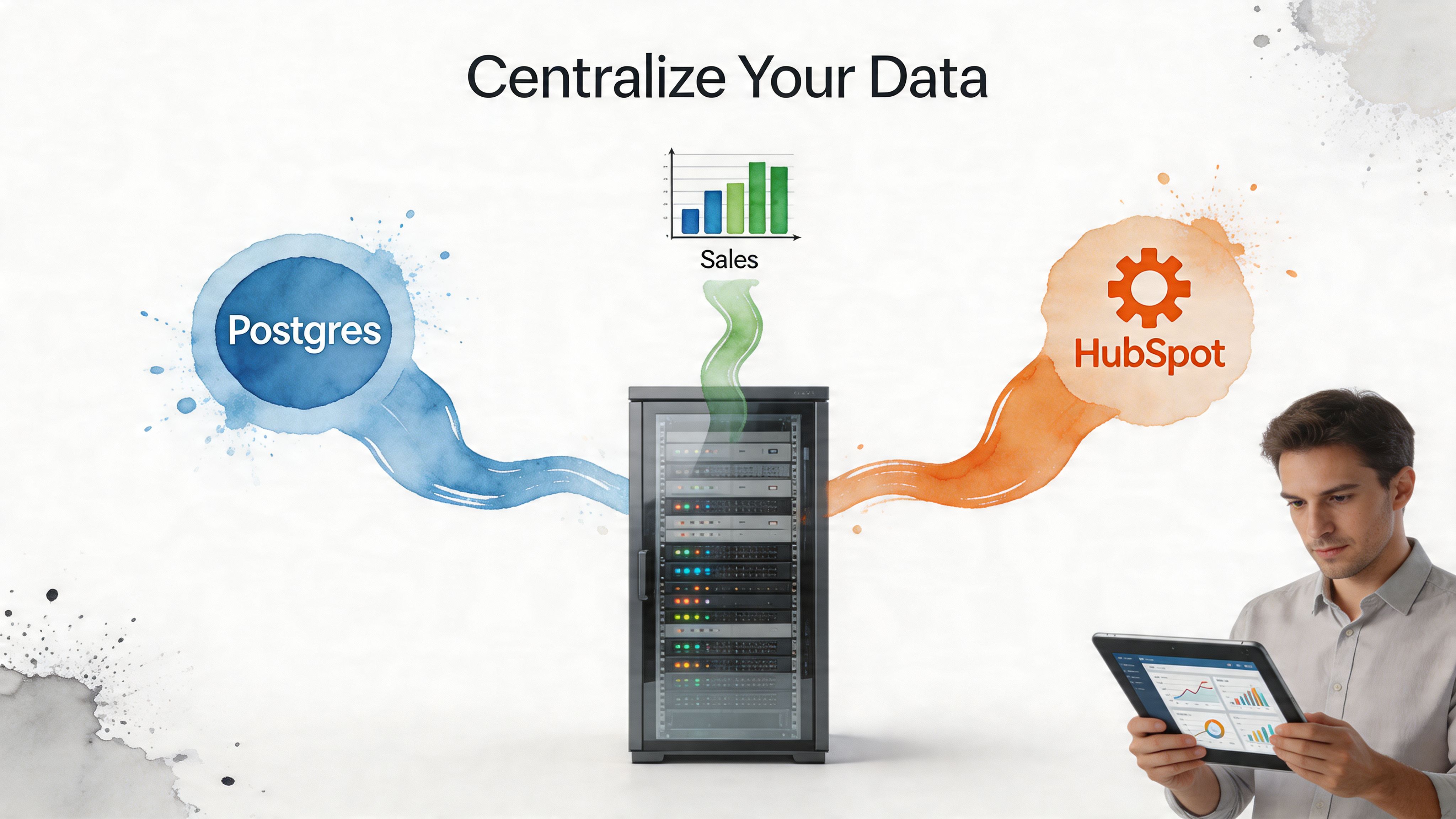 A man using a tablet to analyze data from Postgres and HubSpot systems centralized into a server.