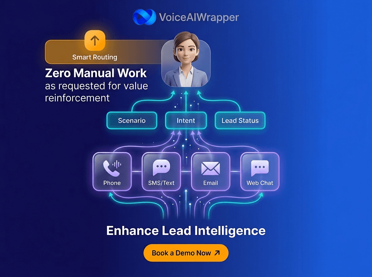 Smart routing diagram with zero manual work routing phone, SMS, email, and web chat by scenario, intent, and lead status to enhance lead intelligence | VoiceAIWrapper.