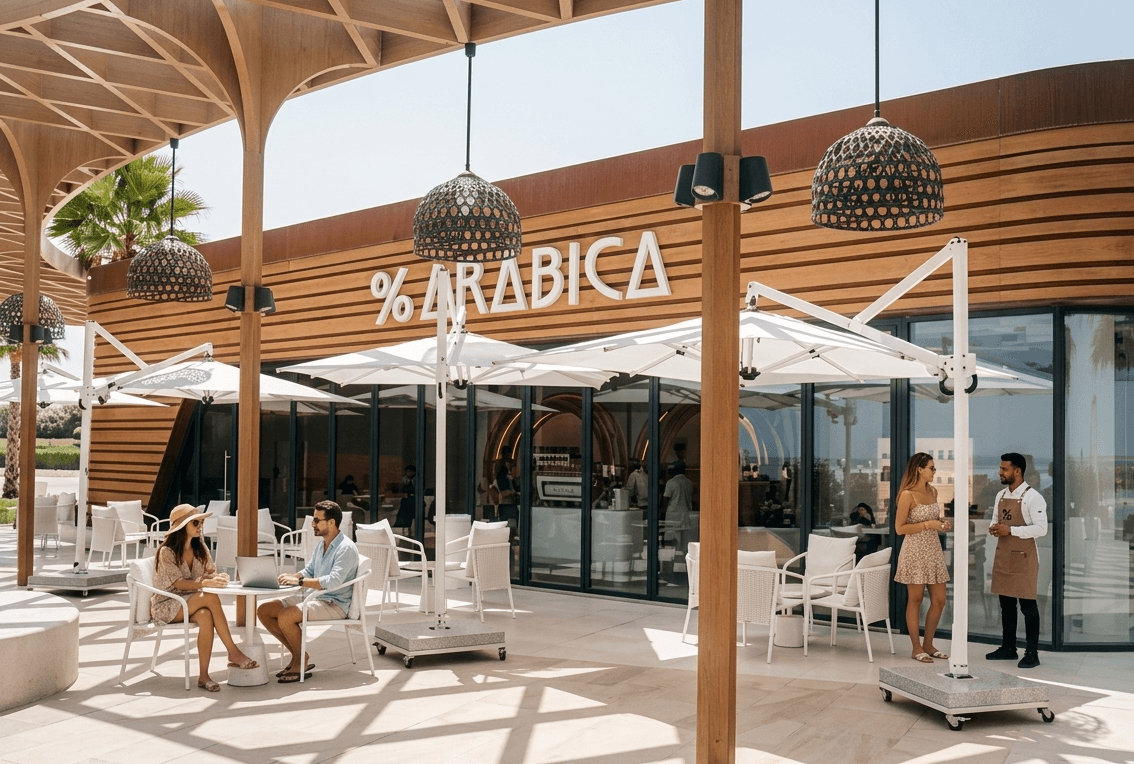 Outdoor café seating and remote working atmosphere in Dubai Marina